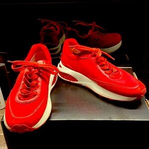 Jimmy Choo red leather, suede and fabric sneakers
